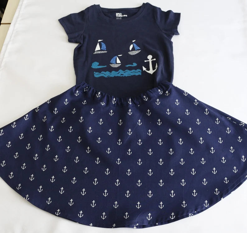 Girls Size 4T Toddler Handmade Nautical Boat and Anchor Outfit, Nautical Boats and Anchor Skirt and T-Shirt, Girls Toddler Summer Clothing