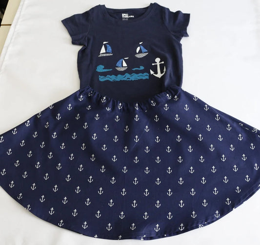 Girls Size 4T Toddler Handmade Nautical Boat and Anchor Outfit, Nautical Boats and Anchor Skirt and T-Shirt, Girls Toddler Summer Clothing