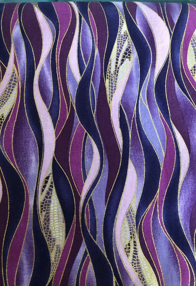 Benartex, Kanvas Studio Dance of the Dragonfly Metallic Gold Purple Waves, Designer Cotton, Quilting Fabric, Sold by YARD