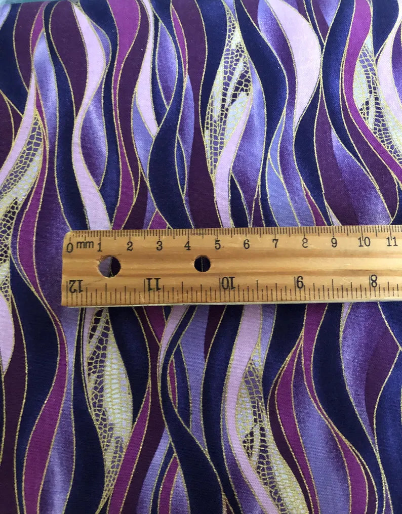 Benartex, Kanvas Studio Dance of the Dragonfly Metallic Gold Purple Waves, Designer Cotton, Quilting Fabric, Sold by YARD