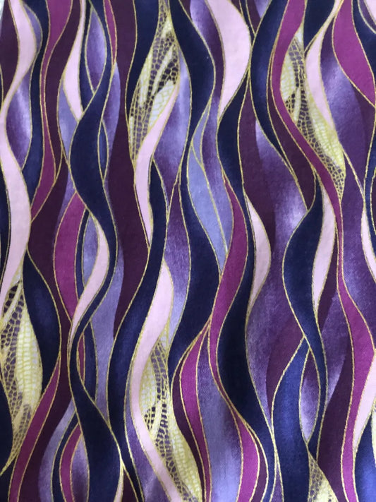 Benartex, Kanvas Studio Dance of the Dragonfly Metallic Gold Purple Waves, Designer Cotton, Quilting Fabric, Sold by YARD