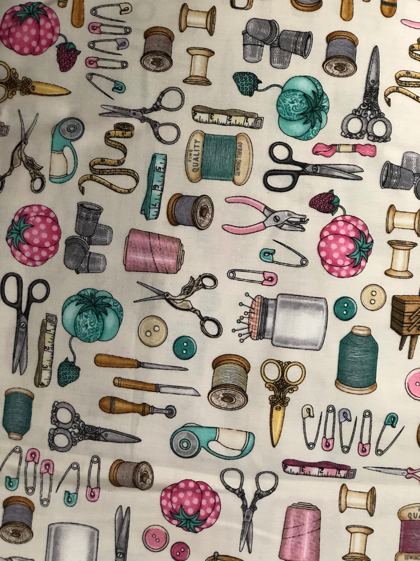 35 inches of Fabric,Timeless Treasure's Sewing Notions on Cream by Dan Morris Fabric, Designer Cotton, Quilting Fabric