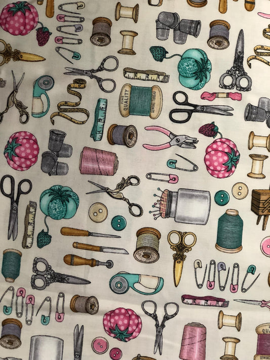 35 inches of Fabric,Timeless Treasure's Sewing Notions on Cream by Dan Morris Fabric, Designer Cotton, Quilting Fabric