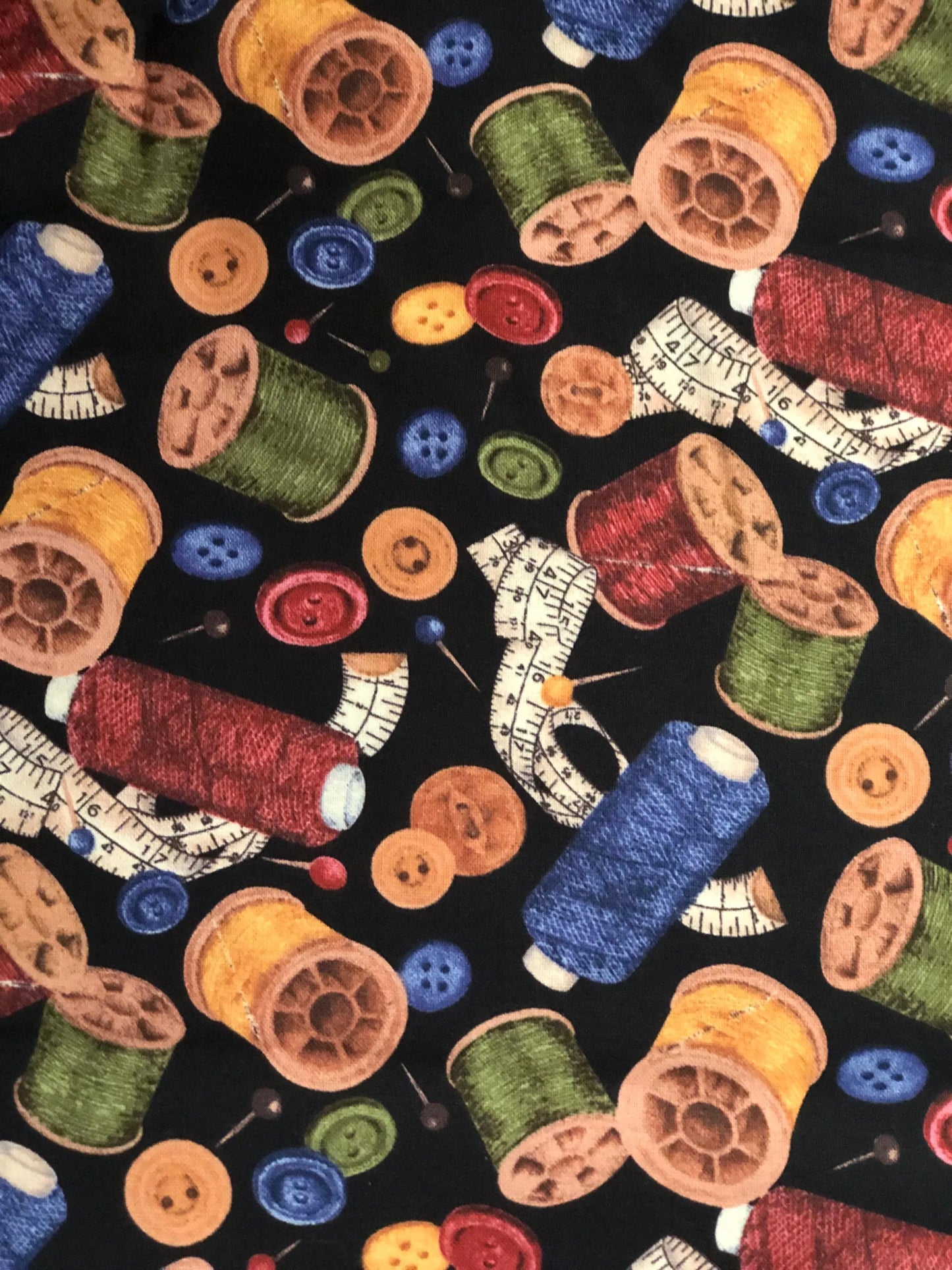 Wilmington Prints Sew Curious Spools of Thread on Black by Anne Mortimer Fabric, Designer Cotton, Quilting Fabric, Sold by YARD