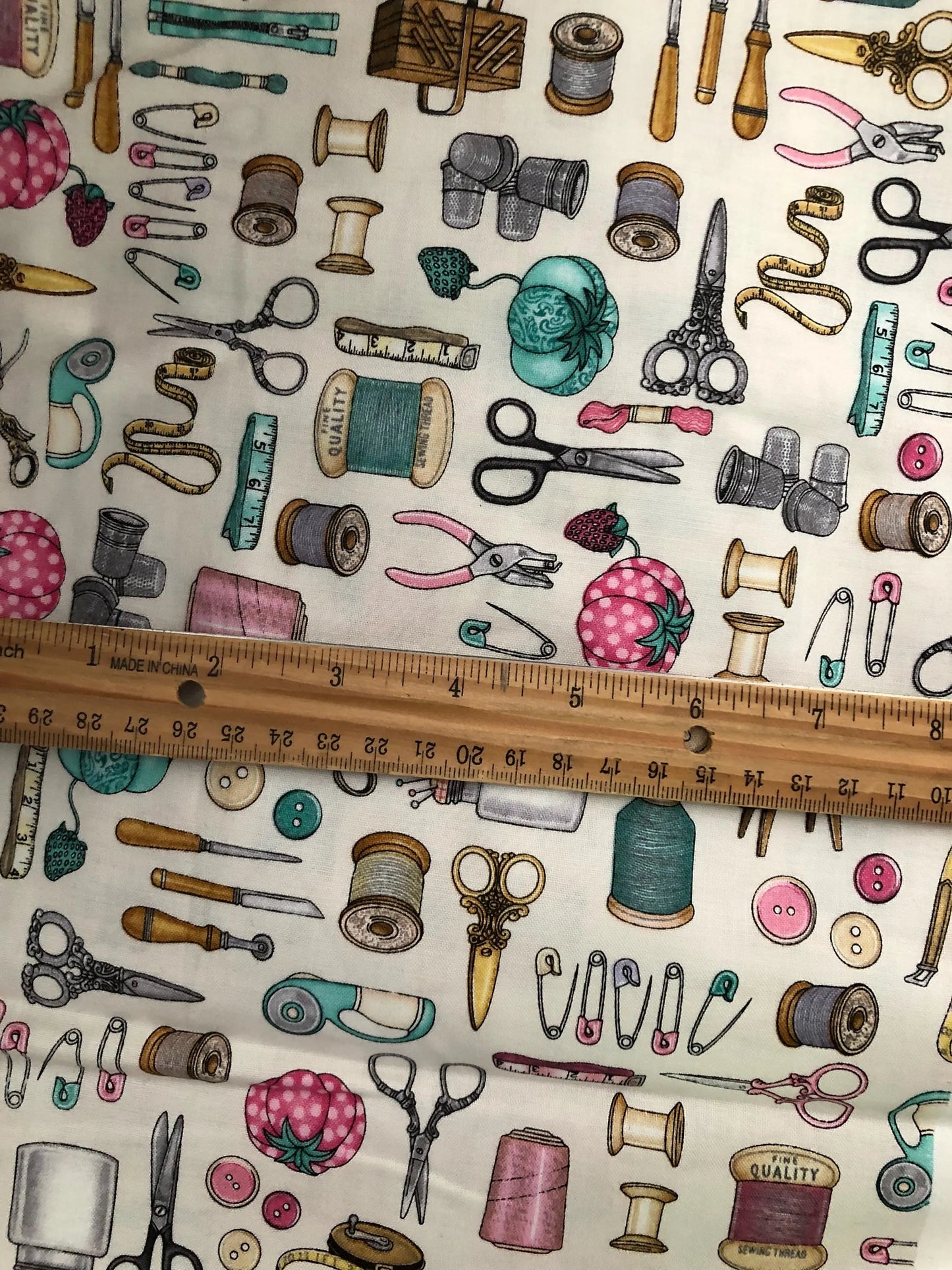 35 inches of Fabric,Timeless Treasure's Sewing Notions on Cream by Dan Morris Fabric, Designer Cotton, Quilting Fabric