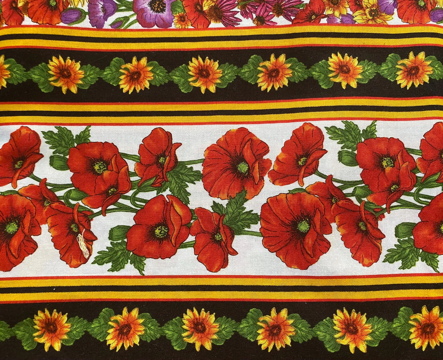 Blank Quilting by Lennie Honcoop Poppies and Sunflowers Stripes Floral Fabric, Designer Cotton, Quilting, Sold by YARD
