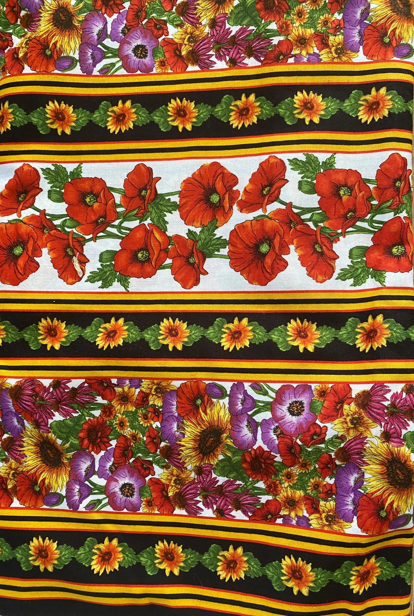Blank Quilting by Lennie Honcoop Poppies and Sunflowers Stripes Floral Fabric, Designer Cotton, Quilting, Sold by YARD