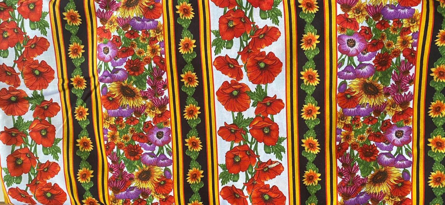 Blank Quilting by Lennie Honcoop Poppies and Sunflowers Stripes Floral Fabric, Designer Cotton, Quilting, Sold by YARD