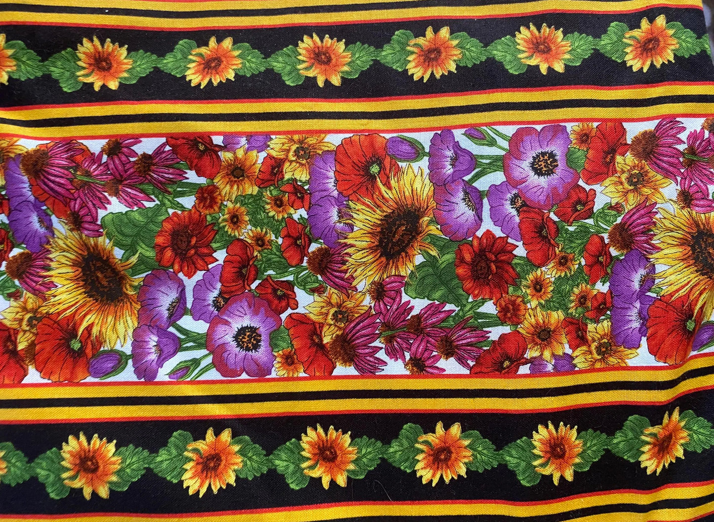 Blank Quilting by Lennie Honcoop Poppies and Sunflowers Stripes Floral Fabric, Designer Cotton, Quilting, Sold by YARD