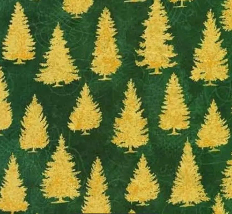 2 YARDS Robert Kaufman Winter's Grandeur Holiday Pine Trees Green Metallic Gold, Christmas, Designer Cotton, Quilting Fabric