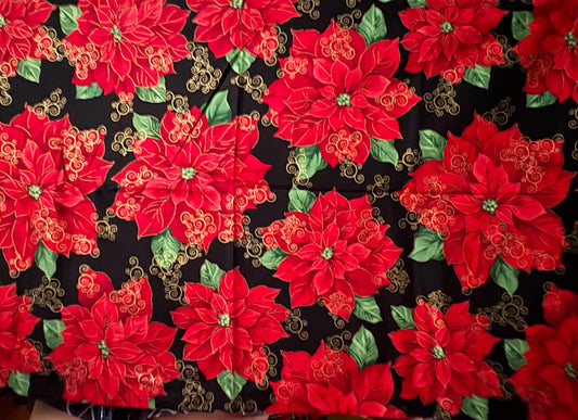 Timeless Treasures Holiday Poinsettias Metallic Gold, Designer Cotton, Quilting Fabric, Sold by YARD
