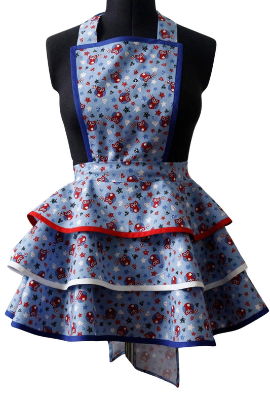 Petite Small Apron for Women, Independence Day Apron for Women, Patriotic Owl with American Flags Apron, 4th of July Apron, Cute Retro Owl Apron