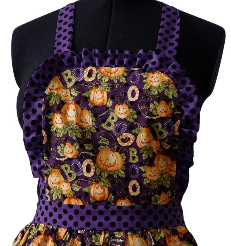 Halloween Apron for Women with Pumpkins, BOOs, and Polka Dots