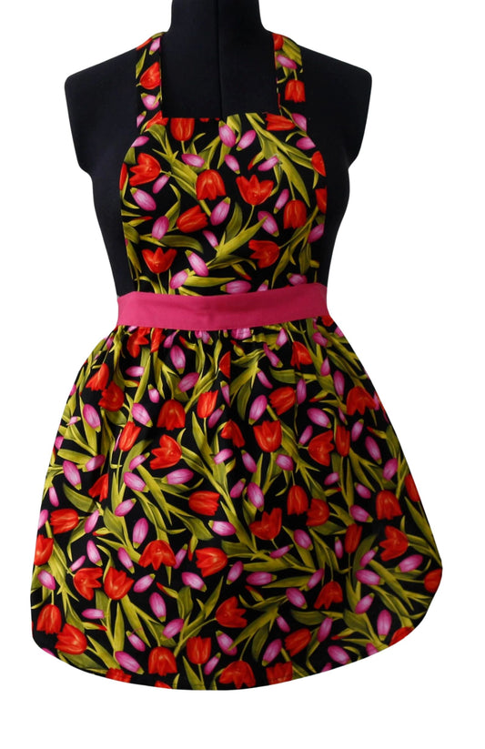 Red and Pink Tulip Apron for Women, Spring Floral Apron for Women, Garden Lover Apron