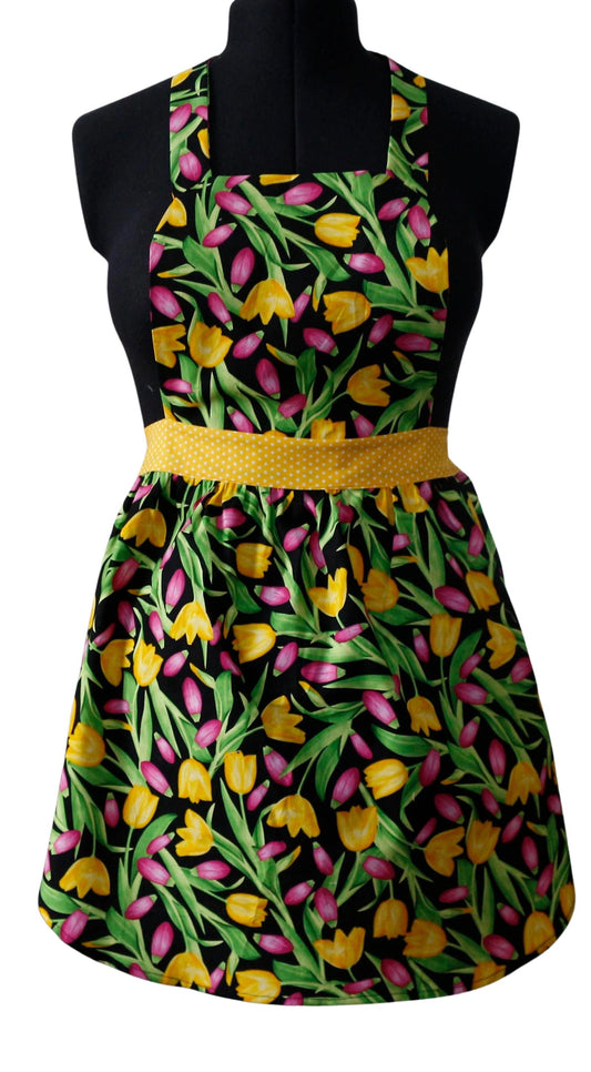 Pink and Yellow Tulips Apron for Women, Spring Floral Apron for Women, Garden Lover Apron